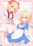  2girls angel_wings back_bow blonde_hair blush border bow bowtie cake cake_slice closed_mouth commentary_request cup dress feathered_wings food frilled_dress frills gengetsu_(touhou) hair_bow holding holding_tray long_sleeves looking_at_viewer maid maid_headdress medium_hair mugetsu_(touhou) multiple_girls open_mouth pink_border pink_dress pink_wings pudding puffy_short_sleeves puffy_sleeves red_bow red_bowtie short_sleeves siblings sisters smile socks strawberry_shortcake tea teacup teapot touhou touhou_(pc-98) tray watermark white_bow white_socks wings yellow_eyes yurufuwa_milk 