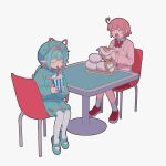  2girls blue_eyes blue_hair blush_stickers closed_mouth commentary_request dress elfilin food french_fries highres humanization kanafumi_(spindle) kirby kirby_(series) kirby_and_the_forgotten_land long_sleeves looking_at_viewer multiple_girls open_mouth pink_hair simple_background smile 