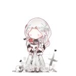  1girl black_butterfly black_eyes black_flower black_jacket black_shirt black_shoes blush_stickers bug butterfly chibi chinese_commentary collared_jacket commentary_request contrast_lapels criss-cross_straps downturned_eyes dress floral_print flower flower_pot frilled_jacket frilled_sleeves frills goth_fashion gray_garden_(shining_nikki) grey_hair hair_ornament holding holding_flower_pot interruption_(echo-023) jacket lapels long_dress long_hair long_sleeves looking_at_flowers nikki_(series) no_mouth notched_lapels open_clothes open_jacket polka_dot polka_dot_dress print_dress print_jacket puffy_long_sleeves puffy_sleeves red_flower shadow shining_nikki shirt shoes sidelocks signature simple_background skull solid_oval_eyes solo standing three-quarter_sleeves tulip turtleneck turtleneck_shirt wavy_hair white_background white_dress 