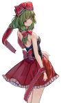  1girl back_bow bare_back bare_shoulders bow commentary_request dress frilled_bow frilled_dress frilled_ribbon frills green_eyes green_hair hair_bow highres kagiyama_hina looking_at_viewer looking_back off-shoulder_dress off_shoulder red_bow red_ribbon ribbon smile solo strapless strapless_dress touhou vanilla_flan 