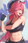  1girl :d animal_ear_fluff animal_ears beret black_gloves black_hat black_panties black_pants black_sports_bra braid braided_ponytail breasts center-flap_bangs cleavage commentary cross-body_stretch dated_commentary double-parted_bangs english_commentary extra_ears fingerless_gloves gloves hat highleg highleg_panties highres hololive hololive_english large_breasts long_hair midriff multicolored_hair navel open_mouth panther_ears panther_girl panties pants panty_straps pink_hair raora_panthera revision sidelocks smile solo sports_bra streaked_hair sweat takodachi_(ninomae_ina'nis) takomonty teeth underwear upper_teeth_only very_long_hair virtual_youtuber white_streaks 