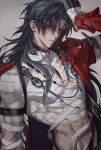  1boy absurdres bandages bangle beads blade_(honkai:_star_rail) blue_hair bracelet clothing_cutout commentary covered_abs curtained_hair earrings gloves gradient_hair groin hair_between_eyes hair_over_one_eye hand_on_own_head highres honkai:_star_rail honkai_(series) jacket jewelry kasasagi_(kasasagi0000) lapels long_hair looking_at_viewer male_focus mismatched_earrings mortenax_blade_(honkai:_star_rail) multicolored_hair multiple_scars navel necklace open_clothes open_jacket orange_eyes pectoral_cleavage pectorals red_eyes red_jacket scar shadow simple_background single_glove tassel toned toned_male untranslatable_commentary upper_body veins very_long_hair 