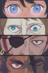  1girl 3boys black_hair blue_eyes bonaparte_(fire_emblem) brown_eyes brown_hair buccaneer_(fire_emblem) commentary dark-skinned_male dark_skin earrings eye_focus eyepatch fabio_(fire_emblem) fire_emblem fire_emblem:_fortune's_weave glasses highres jewelry lazy_eye male_focus multiple_boys one_eye_closed sasaki_(dkenpisss) tiara_(fire_emblem) untranslatable_commentary 
