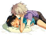  2boys black_male_underwear black_pants blue_shirt blush boxer_briefs closed_eyes dry_humping ear_blush edie_zzzzz elbow_blush front-to-back happy highres hug hug_from_behind humping ikari_shinji kiss kissing_neck laughing male_focus male_underwear multiple_boys nagisa_kaworu neon_genesis_evangelion no_pants open_mouth pants purple_shirt shirt short_hair simple_background smile t-shirt underwear white_background yaoi 