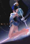  1girl alternate_breast_size_(larger) armlet artist_name bare_legs bare_shoulders barefoot black_background blue_cape blue_eyes blue_hair blue_shirt blue_skirt blue_sleeves breasts cape ceey character_name chinese_commentary collared_cape commentary_request cutlass detached_sleeves expressionless feet frilled_shirt frills from_side full_body gloves gradient_clothes gradient_shirt high_collar highres holding holding_blade holding_sword holding_weapon jewelry leaning_back light_particles long_sleeves looking_up magical_girl mahou_shoujo_madoka_magica mahou_shoujo_madoka_magica_(anime) microskirt midriff_peek miki_sayaka miki_sayaka_(magical_girl) parted_lips pointy_nose reflective_floor shirt short_hair skirt solo strapless strapless_shirt string string_of_fate sword toes two-tone_shirt watermark weapon white_gloves white_shirt 