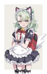  1girl animal_ear_hairband animal_ears bag bell black_dress black_garter_straps blush cat_ear_hairband cat_ears commentary_request cowboy_shot dress earrings english_commentary fake_animal_ears fang frilled_dress frills garter_straps ghost_hair_ornament green_eyes green_hair grey_background hair_ornament hairband hairclip hands_up heart heart_earrings heart_hair_ornament highres jewelry looking_at_viewer maid maid_headdress mixed-language_commentary multiple_hairclips neck_bell official_alternate_costume open_mouth red_bag skin_fang solo sunna_(afternoon_tea_break)_(zenless_zone_zero) sunna_(zenless_zone_zero) sweatdrop welchsbinn white_wings winged_bag wings zenless_zone_zero 