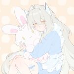 1girl :3 alternate_costume apron bandaid bandaid_on_leg blue_dress blue_nails closed_mouth code:_esencia_(elsword) code:_sariel_(elsword) dotted_background dress eirlys_els elsword empty_eyes eve_(elsword) expressionless facial_mark fingernails grey_hair hair_intakes hair_ornament highres holding holding_stuffed_toy hugging_object long_hair long_sleeves nail_polish solo stuffed_animal stuffed_rabbit stuffed_toy tiara very_long_hair white_apron yellow_background yellow_eyes 