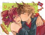  1boy 1girl :d ahoge animification antenna_hair arms_around_neck artist_name averting_eyes bacon baguette black_shirt black_sleeves border bread brown_hair color_connection commentary coralmixx corrupted_twitter_file crossover detached_sleeves drill_hair east-west_crossover eddsworld english_commentary food grey_eyes hair_between_eyes hair_ears headset highres hood hood_down hoodie hug kasane_teto kasane_teto_(utau) long_sleeves looking_at_viewer looking_to_the_side nervous norwegian_flag outside_border red_eyes red_hair red_hoodie shirt short_hair sleeveless sleeveless_shirt smile star_(symbol) tord_(eddsworld) twin_drills upper_body utau white_border 