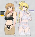  2girls alternate_costume alternate_hairstyle arms_behind_back bare_arms black_bra black_panties blonde_hair blush bow bow_bra bra breasts bright_pupils cleavage closed_mouth collarbone color_guide commentary_request frilled_bra frilled_thighhighs frills garter_belt grey_background hair_between_eyes hair_ribbon lace lace-trimmed_bra lace-trimmed_panties lace_trim large_breasts lingerie long_hair looking_at_viewer matara_okina missing_headwear multiple_girls navel neck_ribbon orange_eyes orange_hair panties prosthesis prosthetic_leg purple_eyes ribbon shikido_(khf) side-tie_panties smile sweatdrop thighhighs touhou underwear underwear_only watermark watermark_grid white_bra white_panties white_pupils white_ribbon white_thighhighs yakumo_yukari 