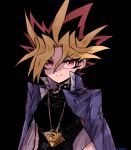  1boy arms_at_sides black_background black_choker black_hair blue_jacket choker colored_bangs colored_tips facing_to_the_side gpja1818 hair_between_eyes hair_over_one_eye high_collar highres jacket jacket_on_shoulders light_smile looking_at_viewer male_focus millennium_puzzle multicolored_hair open_clothes open_jacket red_eyes solo spiked_hair swept_bangs upper_body yami_yugi yu-gi-oh! yu-gi-oh!_duel_monsters 