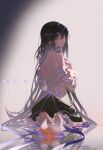  1girl akemi_homura artist_name back_bow bare_back bare_shoulders barefoot black_hair black_hairband black_skirt bow bright_pupils ceey chinese_commentary closed_mouth commentary_request dress expressionless feet frilled_skirt frills from_behind hair_between_eyes hair_spread_out hairband hand_on_own_chest highres light_particles long_hair long_skirt long_sleeves looking_at_viewer looking_back magical_girl mahou_shoujo_madoka_magica mahou_shoujo_madoka_magica_(anime) partially_undressed pointy_nose purple_bow purple_eyes reflective_floor short_dress shoulder_blades skirt soles toes very_long_hair white_background white_dress white_pupils 