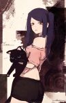  1girl absurdres animal black_hair black_shorts blush breasts cat commentary fore_(va-11_hall-a) highres holding holding_animal holding_cat jill_stingray looking_at_viewer off_shoulder open_mouth pink_shirt red_eyes rnna shirt shorts sidelocks small_breasts solo untranslatable_commentary va-11_hall-a 