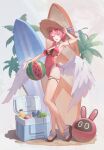  1girl absurdres alternate_costume arm_up armpits ball beach beachball breasts can cleavage commentary_request eyewear_on_head food fruit full_body hat heart heart-shaped_eyewear highres large_breasts looking_at_viewer medium_hair one-piece_swimsuit open_mouth palm_tree pink_hair pink_one-piece_swimsuit pointy_ears purple_eyes remielle_dan sand shengkai167 smile soda solo swimsuit tree watermark watermelon_beachball wings zenless_zone_zero 
