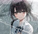  1girl blue_bow blue_bowtie blurry blurry_background bow bowtie brown_eyes brown_hair closed_mouth collared_shirt commentary_request diagonal-striped_bow diagonal-striped_bowtie diagonal-striped_clothes highres holding holding_umbrella long_hair looking_at_viewer original outdoors portrait rain shirt smile solo striped_bow striped_bowtie striped_clothes transparent transparent_umbrella umbrella white_shirt yukimaru_nun 