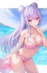  1girl absurdres bare_shoulders beach bikini blue_sky breasts cleavage closed_mouth cloud cloudy_sky commentary_request crossed_bangs double_bun earrings hair_between_eyes hair_bun halterneck heart heart_o-ring highres holding holding_swim_ring jewelry kozue_mone large_breasts lens_flare long_hair looking_at_viewer nail_polish navel nijisanji nyame_(jujs7258) o-ring o-ring_bikini_bottom ocean outdoors pink_bikini pink_eyes pink_nails purple_hair side-tie_bikini_bottom skindentation sky solo spaghetti_strap stomach string_bikini swim_ring swimsuit triangle_bikini_top virtual_youtuber 
