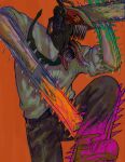  1boy belt black_pants blood blood_on_arm blood_on_tongue blood_on_weapon chainsaw chainsaw_man collared_shirt colored_blood denji_(chainsaw_man) genohiza371 green_blood highres long_tongue multicolored_blood multiple_weapons necktie orange_background orange_blood pants pink_blood sharp_teeth shirt shoes teeth tongue tongue_out weapon white_shirt yellow_eyes 