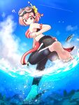  1girl ? bare_shoulders barefoot blue_nails blue_sky boat breasts cloud commentary_request contrail day diving_mask diving_mask_on_head diving_suit eyewear_on_head feet from_below giant giantess goggles goggles_on_head hair_between_eyes highres kanna_(nyanko_daisensou) large_breasts leg_up looking_down nail_polish nyanko_daisensou ocean open_wetsuit outdoors pink_hair red_eyes ryus66380790 short_hair sky snorkel soles solo swim_goggles toenail_polish toenails toes turning_head water watercraft 