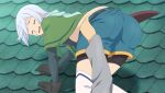  1boy 1girl all_fours anime_coloring ass ass_focus belt bike_shorts bike_shorts_under_shorts black_belt black_shirt blue_scarf blue_shorts brown_gloves capelet chris_(konosuba) closed_eyes clothes_pull crop_top denim denim_shorts diamond_earrings earrings feet_out_of_frame from_behind game_asset gloves gloves_over_elbow_gloves green_capelet grey_hair grey_shirt highres jewelry kono_subarashii_sekai_ni_shukufuku_wo! kono_subarashii_sekai_ni_shukufuku_wo!_kono_yokubukai_game_ni_shinpan_o! long_sleeves non-web_source official_art open_mouth pulling_another's_clothes raised_inner_eyebrows scar scar_on_cheek scar_on_face scarf self-datamine sheath shirt short_hair short_shorts shorts shorts_pull side_ahoge single_earring solo sweatdrop thighhighs tile_roof wavy_mouth white_thighhighs 