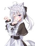  1girl absurdres ahoge animal_ear_fluff animal_ears apron bell black_capelet blush capelet cat_ears cat_girl center_frills collared_shirt commentary_request elaina_(majo_no_tabitabi) frilled_hairband frills hairband highres k2_(kazu1030) long_hair looking_at_viewer maid maid_apron maid_day maid_headdress majo_no_tabitabi neck_bell one_eye_closed open_mouth ponytail purple_eyes shirt smile solo sweat upper_body white_apron white_background white_hair white_headdress white_shirt 