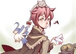  1boy alchemist_(ragnarok_online) animal_on_head bird blue_bird brown_cape cape cat cat_on_head closed_mouth commentary_request filir_(ragnarok_online) grey_cat looking_at_viewer looking_to_the_side lowres male_focus money_bag on_head pink_hair ragnarok_online short_hair solo upper_body visor07 white_background yellow_eyes 