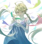  1girl ahoge artist_name blue_dress commentary_request cowboy_shot dated dress green_eyes green_hair hair_between_eyes highres holding long_hair low_twintails lower_teeth_only original parted_lips redrawn shirt short_sleeves sleeveless sleeveless_dress solo teeth tunapon01 twintails twitter_username very_long_hair white_shirt 
