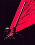  1boy bandaged_hand bandages berserk blood brown_background brown_theme cape commentary faznova gauntlets greatsword guts_(berserk) helmet highres holding holding_sword holding_weapon male_focus monochrome over_shoulder red_cape single_gauntlet solo spot_color sword weapon weapon_over_shoulder 