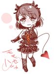  1girl aglio bare_shoulders black_bridal_gauntlets black_dress black_shoes black_socks blush breasts bridal_gauntlets brown_hair character_name commentary_request cross-laced_clothes cross-laced_dress deformed demon_horns demon_tail dress fake_horns fake_tail fatal_frame fatal_frame:_maiden_of_black_water fishnet_socks fishnets hand_on_own_cheek hand_on_own_face heart heart-shaped_pupils heel_up horns kneehighs looking_at_viewer medium_breasts momose_haruka orange_dress parted_lips shoes short_hair simple_background sleeveless sleeveless_dress smile socks solo standing symbol-shaped_pupils tail translated two-tone_dress white_background 