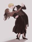 1boy 1girl aopix_001 black_bow black_bowtie black_dress black_jacket black_pants blonde_hair blue_eyes bow bowtie brown_eyes brown_hair closed_mouth commentary_request dancing dress earrings eye_contact formal_clothes full_body green_eyes grey_background hair_bow hair_ribbon hetero high_heels highres holding_hands jacket jewelry land_(sousou_no_frieren) long_hair long_sleeves looking_at_another pants ribbon shadow shirt short_hair simple_background smile sousou_no_frieren suit ubel_(sousou_no_frieren) vest white_shirt 