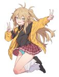  1girl black_shirt blonde_hair bow bow_panties breasts cardigan clothes_lift commentary_request double_v fang full_body green_eyes green_panties gyaru highres jumping kasukabe_tsumugi kogal loafers long_hair looking_at_viewer loose_necktie loose_socks mole mole_under_eye necktie one_side_up open_cardigan open_clothes open_mouth panties shirt shoes skirt skirt_lift small_breasts smile socks solo underwear v voicevox wind wind_lift yamamomo_(plank) yellow_cardigan yellow_necktie 