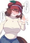 1girl animal_ears blue_pants blush breasts brown_hair closed_eyes commentary_request denim ear_covers facing_viewer hair_between_eyes hand_puppet hat highres horse_ears horse_girl horse_tail kei_(nittotiru) large_breasts long_sleeves marche_lorraine_(umamusume) mismatched_ear_covers open_mouth pants puppet short_hair smile speech_bubble sweater tail translation_request umamusume waving white_background white_sweater 