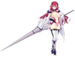  1girl aqua_eyes arch_clover armor armored_boots blush boots breasts breasts_out broken_armor cape closed_mouth full_body game_asset gauntlets gold_trim green_eyes hair_between_eyes hair_ornament hand_on_own_hip high_heels highres holding holding_polearm holding_weapon huge_weapon lance large_breasts large_variant_set leotard long_hair looking_at_viewer magical_girl nipples non-web_source official_art panties polearm red_hair satou_takumi self-datamine sephilia_grandeel shinsou_kenki_arch_saver simple_background smile solo spear standing tachi-e thighhighs torn_clothes torn_leotard torn_thighhighs transparent_background underwear variant_set weapon white_panties 