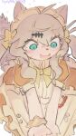  1girl aguemacaomo animal_ears apron blue_eyes blush bow bowtie brown_hair cat_ears cat_girl clothes_pull commentary_request cowboy_shot dress dress_pull embarrassed enmaided fangs furrification furry furry_female highres kasukabe_tsumugi long_hair looking_down maid maid_headdress open_mouth orange_dress puffy_short_sleeves puffy_sleeves short_sleeves simple_background solo voicevox white_apron white_background yellow_bow yellow_bowtie 
