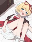  absurdres ass black_shirt blonde_hair bloomers blue_eyes blush bow bubble_skirt commentary frilled_shirt_collar frilled_skirt frilled_socks frills half-closed_eyes highres legs lying medicine_melancholy on_bed open_mouth puffy_short_sleeves puffy_sleeves red_bow red_ribbon ribbon shirt short_hair short_sleeves skirt socks syllu touhou 