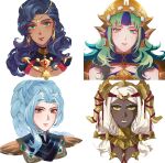  4girls absurdres armor blonde_hair blue_hair braid braided_ponytail brown_eyes close-up closed_mouth clothing_cutout commentary commentary_request crescent crescent_earrings cropped_torso dark-skinned_female dark_skin earrings expressionless fake_horns fire_emblem fire_emblem:_fortune's_weave gauntlets gold_armor gold_choker gold_earrings gold_necklace green_eyes green_hair hair_ornament headpiece high_ponytail highres hoop_earrings horns irithyll8157351 jewelry leda_(fire_emblem) lips lipstick long_hair looking_at_viewer low-tied_long_hair makeup mole mole_under_mouth multiple_girls necklace open_mouth ornate_armor pointy_ears ponytail portrait shade shoulder_armor simple_background smile sothis_(adult)_(fire_emblem) sothis_(fire_emblem) tassel tassel_hair_ornament theodora_(fire_emblem) tiara upper_body ursula_(fire_emblem:_fortune's_weave) very_dark_skin wavy_hair white_background white_lips 