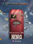  atomic_heart bird blue_background character_name commentary crossover english_commentary english_text glowing glowing_eye highres monitor no_humans non-humanoid_robot nora_(atomic_heart) official_art red_paint refrigerator reverse:1999 robot scratched_paint 