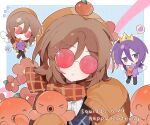  1boy 1girl :o animification artist_request beanie birthday black_sweater_vest brown_hair cardigan chibi chibi_inset chinese_commentary commentary_request commission crown dated english_text flower happy_birthday hat highres humanization lifesteal_smp looking_at_viewer minecraft_youtube octopus open_cardigan open_clothes open_mouth orange_cardigan orange_eyes orange_hat orange_scarf purple_hair purple_sweater red-tinted_eyewear red_flower round_eyewear scarf second-party_source shirt short_hair sleeves_past_fingers sleeves_past_wrists smile solo_focus squiddo sunglasses sweater sweater_vest tinted_eyewear upper_body variant_set wemmbu white_shirt 