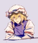  1girl blonde_hair closed_mouth commentary dress hair_between_eyes hat hat_ribbon long_hair long_sleeves looking_at_viewer mob_cap purple_eyes purple_tabard ribbon sidelocks smile solo tabard touhou tukino_mei upper_body white_dress yakumo_yukari 