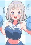  1girl absurdres bare_shoulders blue_background blue_eyes blue_ribbon blue_shirt blue_skirt blush braid breasts checkered_background cheerleader collarbone commentary_request cropped_shirt dot_nose gakuen_idolmaster grey_hair hair_ribbon half_up_braid hands_up highres holding holding_pom_poms idolmaster katsuragi_lilja looking_at_viewer medium_breasts midriff navel open_mouth pom_pom_(cheerleading) ribbon ribbon_in_braid shinonome_sakura shirt short_hair skirt sleeveless sleeveless_shirt smile solo sweat teeth upper_body upper_teeth_only 