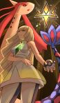  1girl absurdres aoyagi_0 blonde_hair breasts colored_sclera commentary cowboy_shot dress from_below gem green_eyes green_gem highres holding holding_poke_ball light_smile long_hair looking_at_viewer lusamine_(pokemon) milotic poke_ball pokemon pokemon_(creature) pokemon_sun_and_moon red_sclera sleeveless sleeveless_dress two-tone_leggings ultra_ball untranslatable_commentary very_long_hair white_dress 