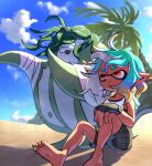  1boy 1girl barefoot beach big_man_(splatoon) big_man_(splatoon_raiders) black_gloves black_sports_bra blue_hair blue_sky cloud commentary fingerless_gloves gloves hand_on_own_knee highres inkling inkling_girl inkling_player_character mechanic_(splatoon_raiders) ovolo123 palm_tree pointy_ears red_eyes shorts sitting sky sleeveless splatoon_(series) splatoon_raiders sports_bra tank_top tree watermark white_tank_top 