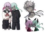  1girl 2boys 2girls absurdres animal_ears aqua_eyes aqua_hair black_skirt blue_eyes boy_vajra_(fate) choker closed_mouth clothes_lift collarbone colored_skin commentary_request dark-skinned_male dark_skin earrings gakuran genderswap girl_vajra_(fate) green_eyes green_hair grey_hair grey_skin grin hair_between_eyes hair_over_one_eye hand_on_another's_shoulder heterochromia highres horns indra_(celebratory_attire)_(fate) indra_(fate) jacket jewelry long_hair long_sleeves looking_at_viewer male_focus multiple_boys multiple_girls neckerchief open_mouth original pleated_skirt pointy_ears ponytail purple_hair red_eyes sailor_collar school_uniform serafuku shima222nd shirt short_hair simple_background skirt skirt_lift smile twintails white_background white_hair 