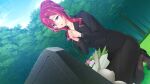  1girl :o black_jacket black_pantyhose black_skirt blue_eyes blue_sky bouquet braid collarbone day dutch_angle flower formal_clothes game_asset grass grave graveyard hair_between_eyes hair_bun jacket kneeling long_hair long_skirt long_sleeves nature non-web_source official_art on_one_knee open_mouth outdoors own_hands_clasped own_hands_together pantyhose pencil_skirt praying rabbit red_hair satou_takumi self-datamine sephilia_grandeel shinsou_kenki_arch_saver shoes single_hair_bun skirt skirt_suit sky solo suit tears tombstone tree variant_set visual_novel_cg 