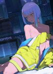  1girl absurdres arm_support bed_sheet blue_hair borrowed_clothes breasts building cesar_art456 city commentary covering_breasts covering_privates cyberpunk:_edgerunners cyberpunk_(series) cyborg english_commentary eyeliner green_hair highres jacket lipstick long_sleeves looking_to_the_side lucy_(cyberpunk) makeup medium_breasts multicolored_hair naked_jacket pink_hair purple_eyes purple_hair red_eyeliner red_lips samurai_jacket_(cyberpunk) shade short_hair sidelocks sitting skin_seams solo twitter_username yellow_jacket yokozuwari 