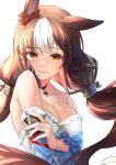  1girl absurdres animal_ears bare_shoulders blue_sleeves blush breasts brown_hair choker cleavage closed_mouth collarbone commentary_request detached_sleeves dress ear_scrunchie hair_between_eyes highres horse_ears horse_girl large_breasts long_hair looking_at_viewer low_twintails multicolored_hair pendant_choker red_choker red_scrunchie rukinya_(nyanko_mogumogu) scrunchie simple_background smile solo twintails umamusume upper_body white_background yamanin_zephyr_(fluttertail_spirit)_(umamusume) yamanin_zephyr_(umamusume) 