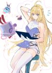  1girl aged_up ahoge arm_behind_head armpits bangboo_(zenless_zone_zero) bare_shoulders blonde_hair blue_eyes blush breasts commentary_request computer flying_sweatdrops gloves highres holding holding_laptop laptop long_hair norma_hollowell open_mouth sitting takashina_yuu thighhighs very_long_hair white_background white_gloves white_thighhighs zenless_zone_zero 