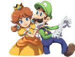  1boy 1girl blue_eyes blue_overalls breasts brooch brown_hair cropped_legs cropped_torso crown dress earrings facial_hair flipped_hair flower_brooch flower_earrings frilled_gloves frills gloves gold_crown gown green_hat green_shirt hand_on_another's_chin hand_on_own_hip hat highres jewelry lipstick long_sleeves luigi makeup mari_luijiroh mario_(series) medium_hair mustache orange_dress overalls parted_bangs pointed_crown princess princess_daisy puffy_short_sleeves puffy_sleeves raised_eyebrow shirt short_hair short_sleeves smile white_gloves yellow_dress 