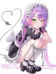  1girl absurdres animal_ear_fluff animal_ears apron bandaid bandaid_on_knee bandaid_on_leg black_bow black_dress black_shoes blush bow commentary crossed_arms demon_girl demon_tail dress ear_piercing frilled_apron frilled_dress frilled_footwear frilled_hairband frilled_sleeves frilled_socks frills green_eyes green_nails hair_bow hair_ornament hairband hairclip heart heart_tail high_heels highres hololive kneehighs large_bow long_hair looking_at_viewer low_twintails maid multicolored_nails mumei_(mumeillust1123) nail_polish parted_bangs piercing pink_nails puffy_short_sleeves puffy_sleeves purple_hair shoes short_dress short_sleeves simple_background socks solo spiked_ear_piercing squatting tail tail_ornament tail_piercing tokoyami_towa tongue tongue_out twintails very_long_hair virtual_youtuber white_bow white_socks x_hair_ornament 