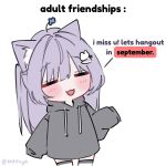  1girl :3 =_= animal_ear_fluff animal_ears black_hoodie blush cat_ears cat_girl chibi chibi_only closed_eyes english_text hair_ornament hhhinya highres hinya_(vtuber) hood hoodie indie_virtual_youtuber knife_hair_ornament long_hair long_sleeves open_mouth purple_hair rabbit_hair_ornament shirt simple_background sleeves_past_wrists smile solo thighhighs white_background 