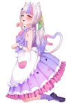  1girl absurdres ajishio_(loli_king) animal_ears apron arched_bangs black_shoes blush bow bowtie brown_eyes cat_ears cat_girl commentary_request cropped_torso dress frilled_apron frilled_dress frills from_side gradient_hair grey_hair hair_ornament heart heart_tail highres hololive jumping long_hair looking_at_viewer loose_socks magical_girl maid maid_headdress mary_janes medium_dress multicolored_hair murasaki_shion murasaki_shion_(magical_girl_maid) official_alternate_costume official_alternate_hairstyle open_mouth paid_reward_available paw_pose pink_bow pink_bowtie pink_streaks purple_dress purple_hair purple_socks purple_streaks raised_eyebrows shoes short_eyebrows sidelocks simple_background single_loose_sock sleeveless sleeveless_dress socks solo star_(symbol) star_hair_ornament star_print_socks streaked_hair tail triangle_hair_ornament twintails virtual_youtuber waist_apron white_apron white_background 