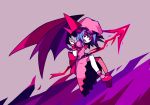 1girl blue_hair bright_pupils commentary english_commentary full_body grey_background hat holding holding_polearm holding_weapon open_mouth pink_hat pink_shirt pink_skirt pink_socks polearm red_eyes red_shoes red_wings remilia_scarlet shirt shoes short_hair skirt smallendu smile socks solo spear spear_the_gungnir touhou weapon white_pupils wings 
